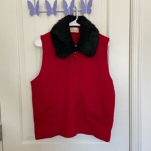 Vintage Tally Ho women’s vest 100% wool faux fur collar zip red fashion